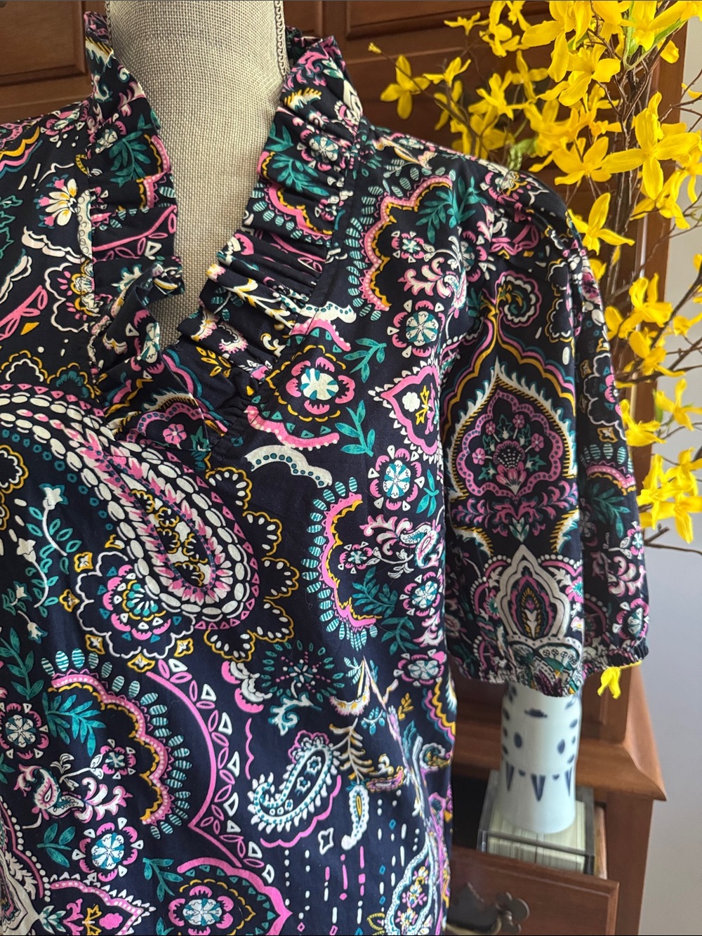Crown & Ivy Puff Sleeve Ruffle Neck Paisley Printed Dress Size Large